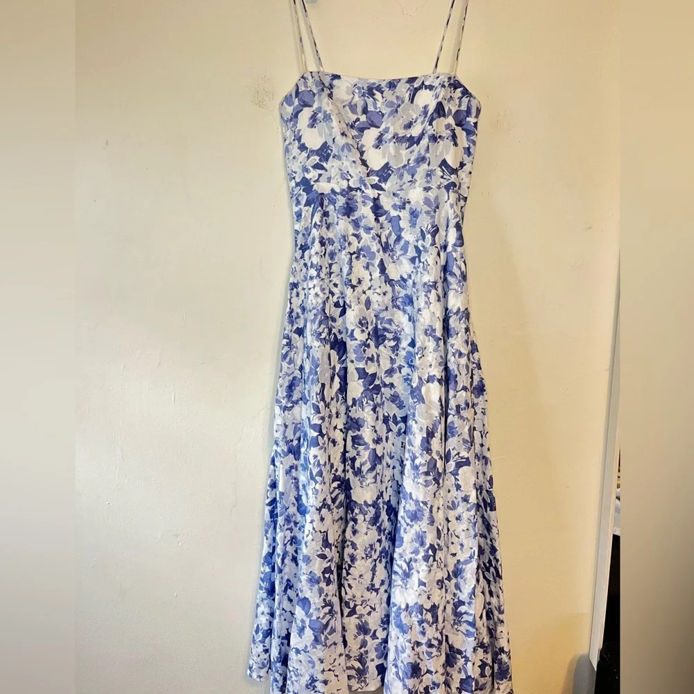 Reformation Monette Linen Floral Maxi Midi Dress Larkspur Blue White size 2 - Picture 3 of 7